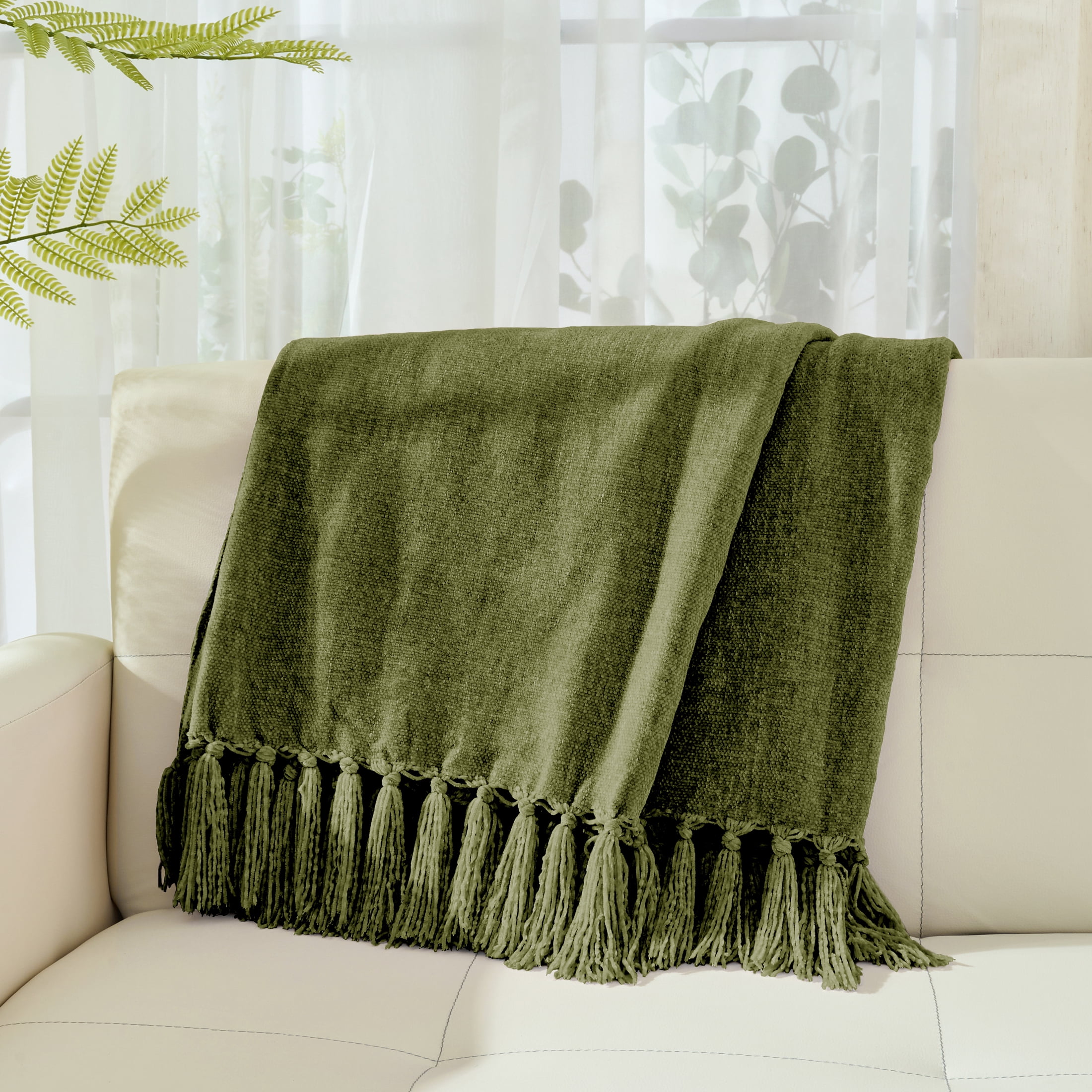 LONG CREATE Chenille Throw Blanket with Fringe Tassel for Couch Sofa Chair Bed, Olive Green 50" x 60"