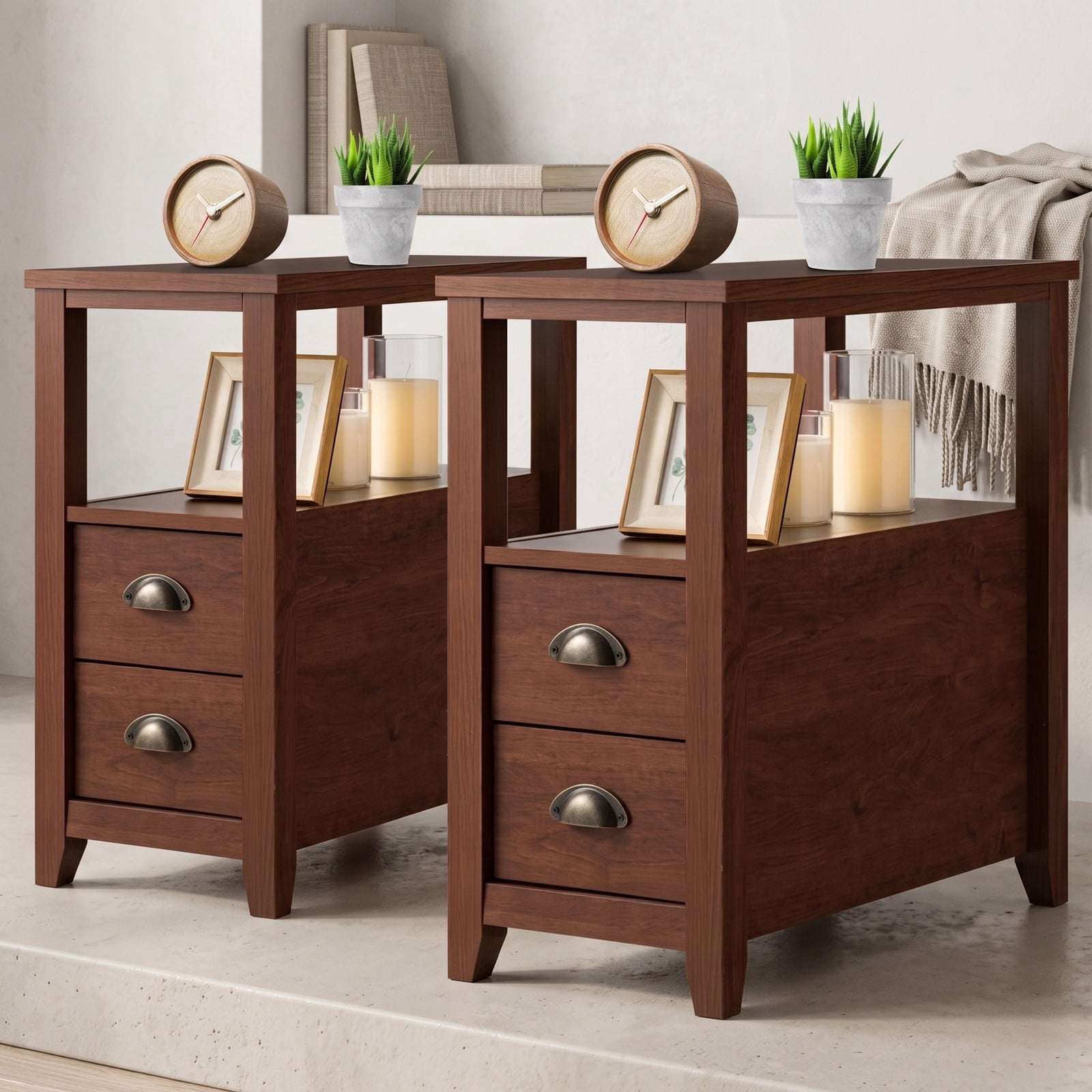 Furnibear Set of 2 Narrow Nightstands with 2 Drawers and Open Shelf Wooden Bedside End Tables for the Bedroom Set, Brown