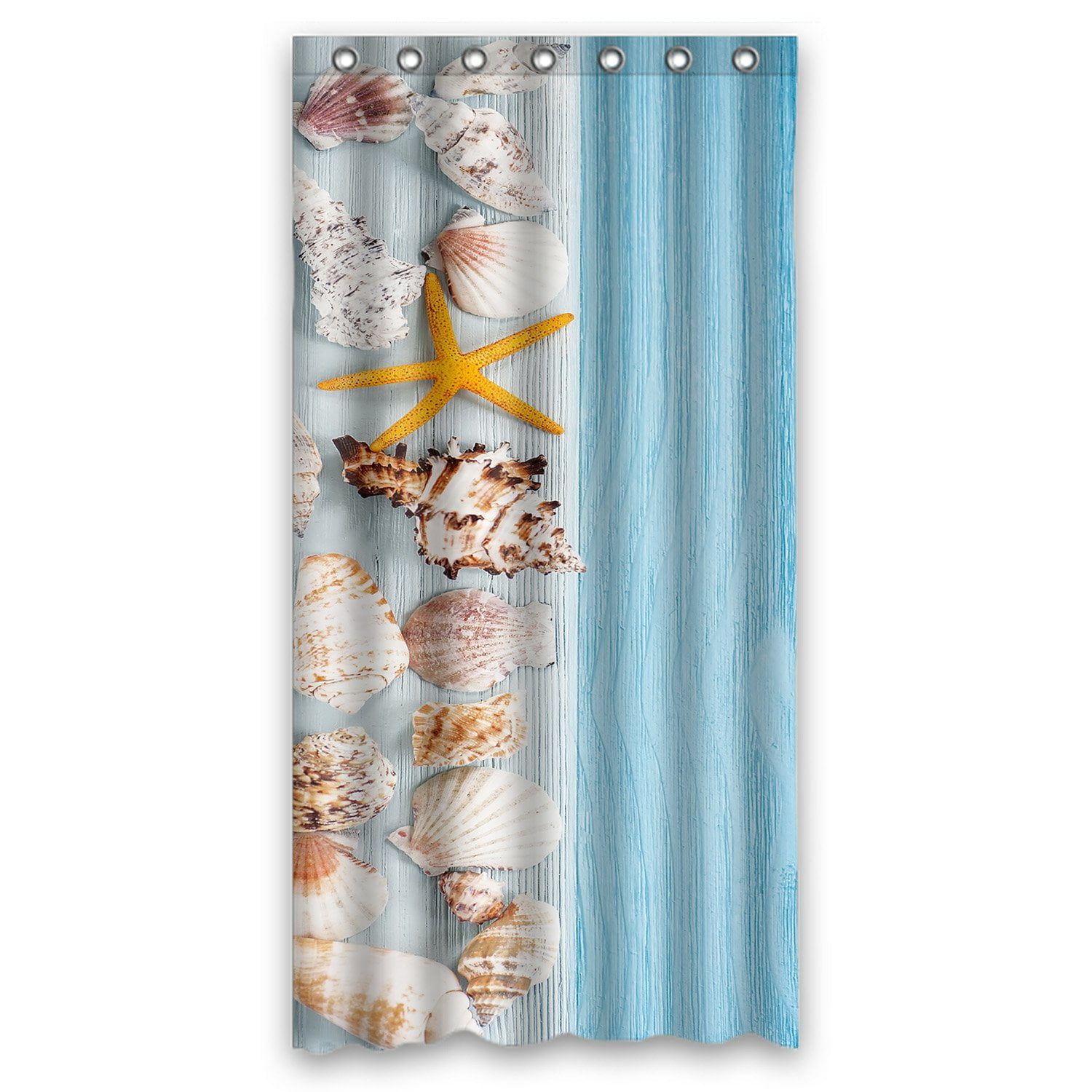 PHFZK Ocean Beach Theme Shower Curtain, Starfish and Seashells on Blue Wooden Background