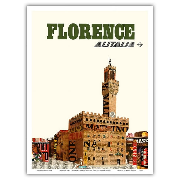 Florence Italy - Alitalia Airlines - Palazzo Vecchio (The Old Palace) - Vintage Airline Travel Poster c.1966 - Master Art Print (Unframed) 9in x 12in