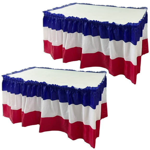 LHNFT 2 Pack Plastic Patriotic Table Skirts - 29in x 14ft 4th of July Table Skirt for Veterans Day Memorial Day Independence Day Decoration, Red White Blue