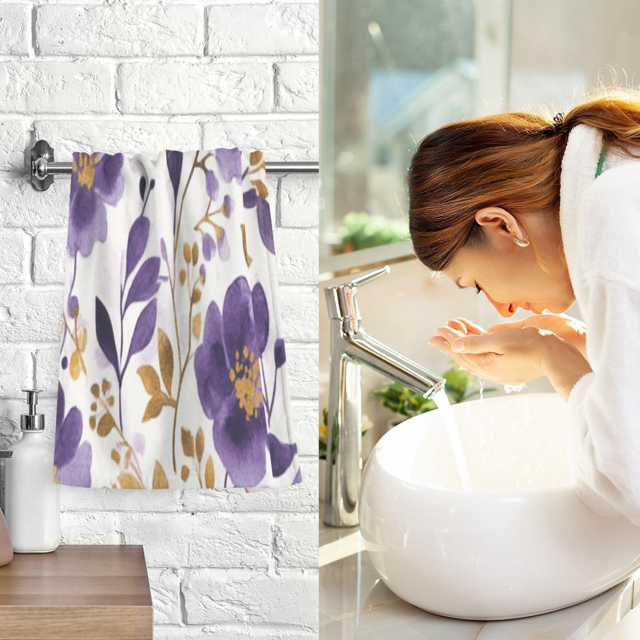2 Pcs Absorbent Face Towel Bath Hand Towels Soft Breathable Cotton Towel Set for Bathroom Kitchen Hotel Spa Decor Purple and Gold Floral