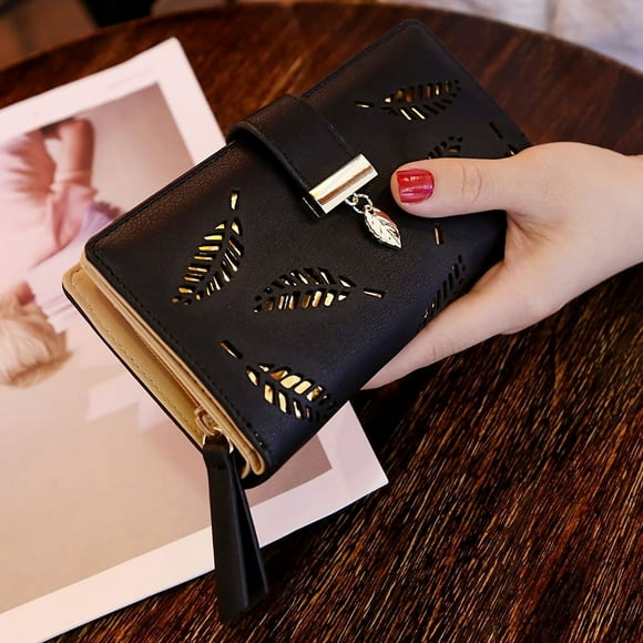 Women Hollow Out Leaf Long Clutch Purse Card Holder Bifold Leather Wallet Color:Black