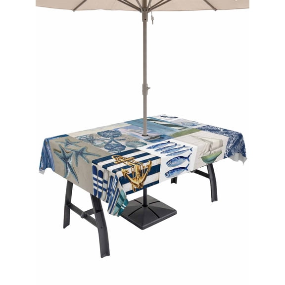 Outdoor Tablecloth with Umbrella Hole for Patio/Picnic/Party/Camping, Summer Coastal Waterproof Table Cloth Rectangle Table Cover Washable, Nautical Anchor Sailboat Marine Life Vintage (54"x 80")