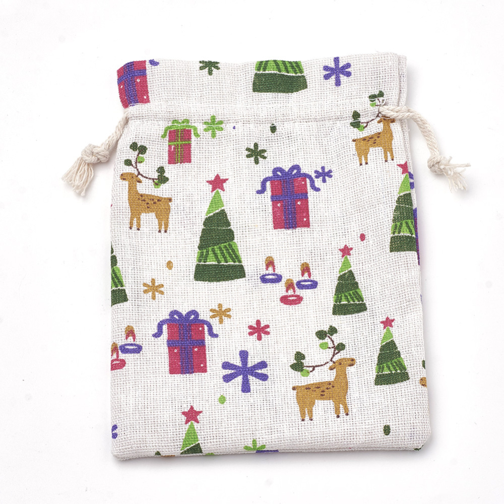 Polycotton(Polyester Cotton) Packing Pouches Drawstring Bags with Printed Box and Christmas Tree Colorful 18x13cm