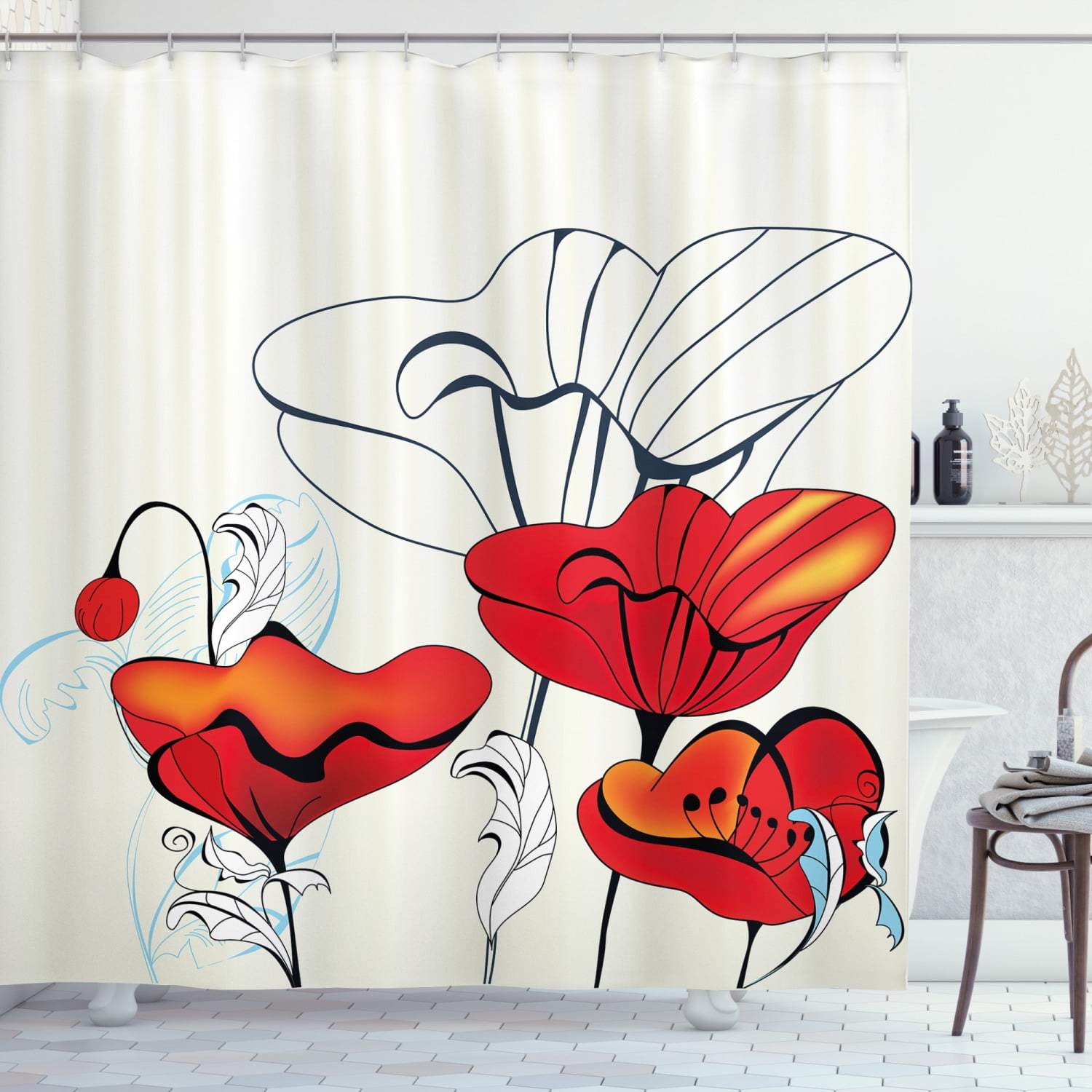 Poppy Shower Curtain, Artistic Florets and Buds with Curly Leaves and