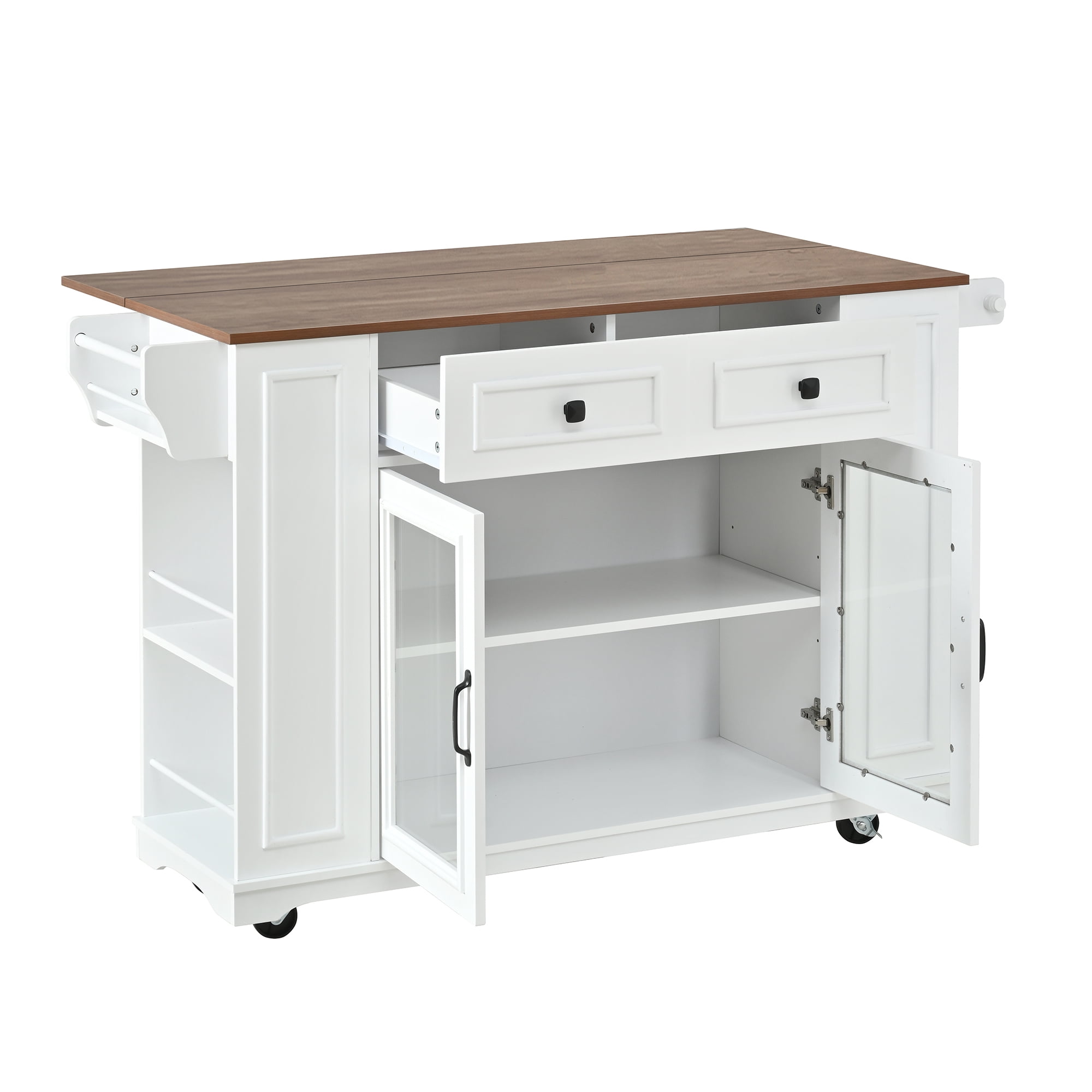 54" Mobile Kitchen Island with Glass Door Storage, Power Outlet & Open Shelves, Rolling Kitchen Cart with Towel Rack, Spice Rack & Knife Holder, Functional Kitchen Prep Table for Kitchen, Dining