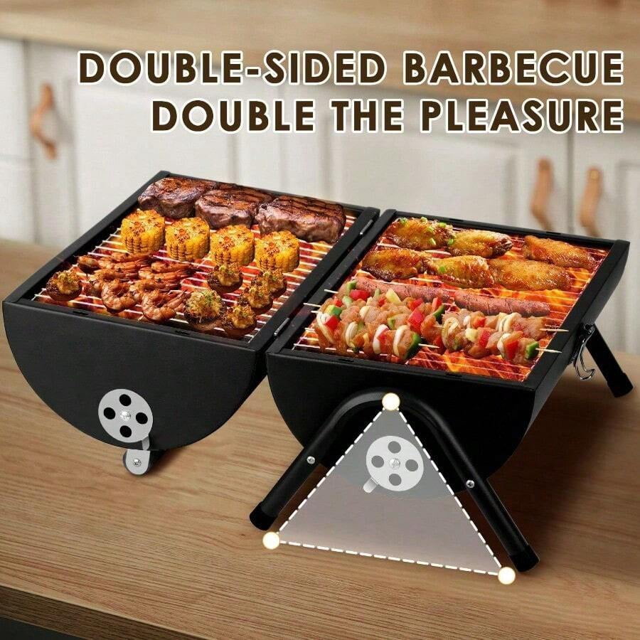 Compact Portable Charcoal Grill Barrel - Double Sided Collapsible Design, Great For Outdoor Cooking And Camping, Black Stainless Steel Smoker With Wooden Handle,