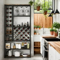 Spaco Industrial Floor Wine Rack with 3 Rows of Stemware Racks, Bar Cabinet, Freestanding Floor Wine Holder