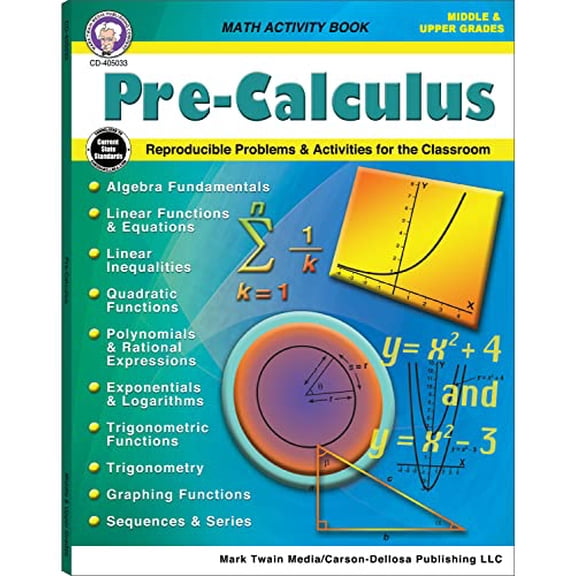 Pre-Owned Mark Twain Pre-Calculus Grades 6-12 Math Workbook, Algebra Fundamentals, Trigonometry, Graphing, Pre Calculus 6th Grade Math Workbook and Up, Classroo (Paperback, 9781622237678, 1622237676)