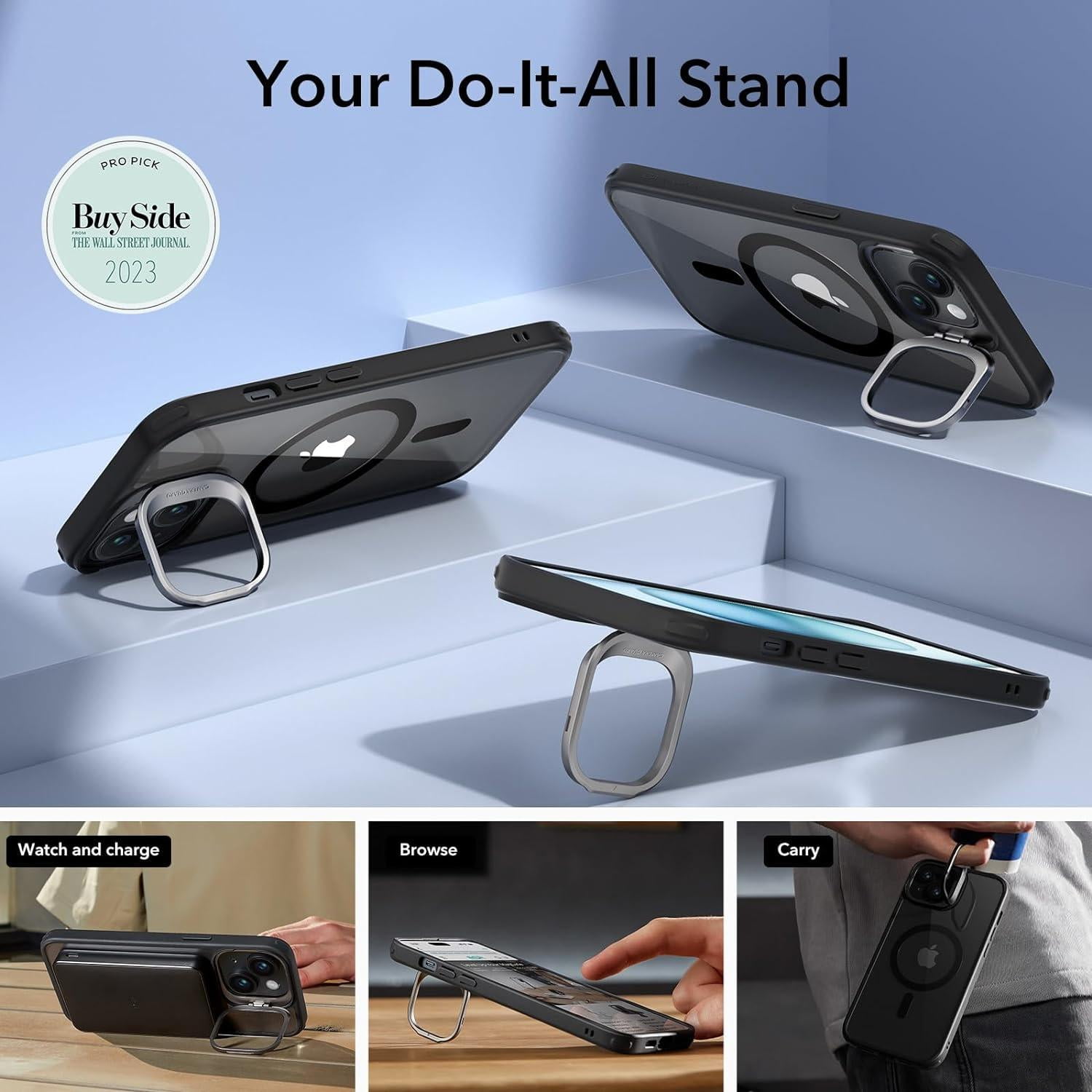 ESR MagSafe Bumper Cell Phone Case with Stash Stand for iPhone 15 Plus, Clear Black