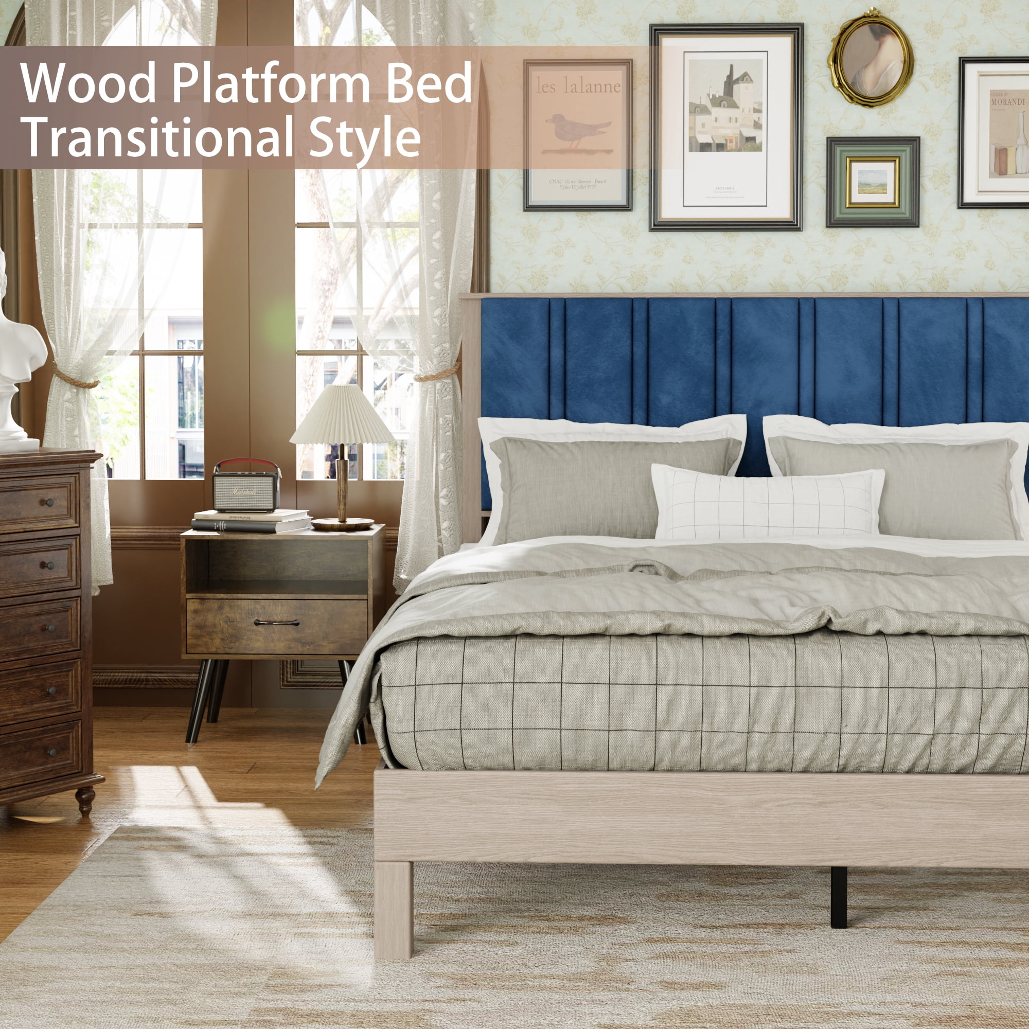 Queen Size Bed Frame with Upholstered Headboard,Wood Platform Bed Frame with Wood Slat Support, Mattress Foundation for Adults Kids,Easy Assembly