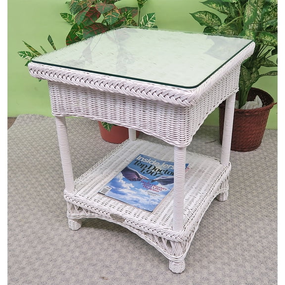 White Wicker End Table & Glass Garden Side Style