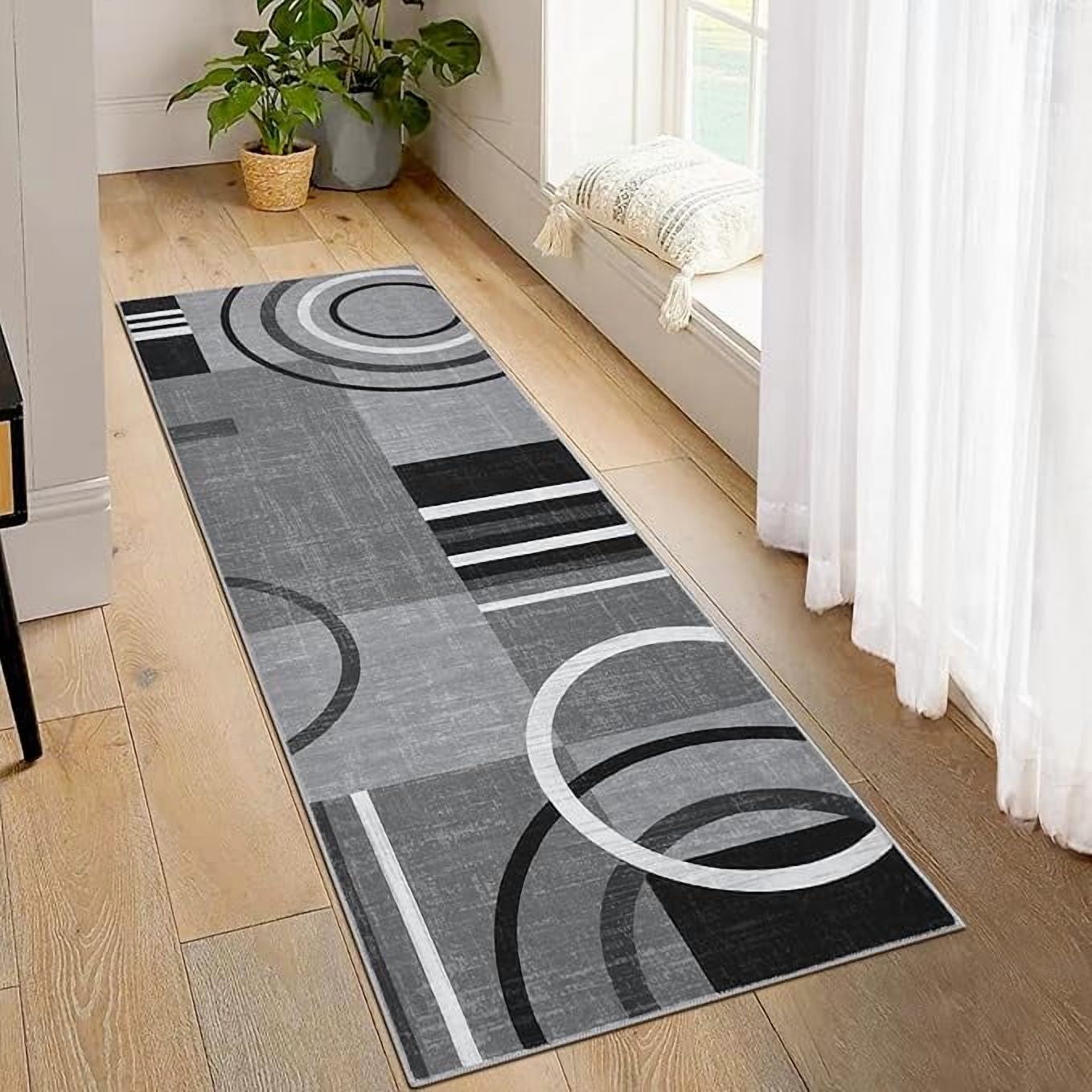 Washable Area Rug 2x10 Abstract Circles Non Slip Contemporary Stain Resistant Soft Low Pile Accent Rug for Indoor Living Dining Room, Grey