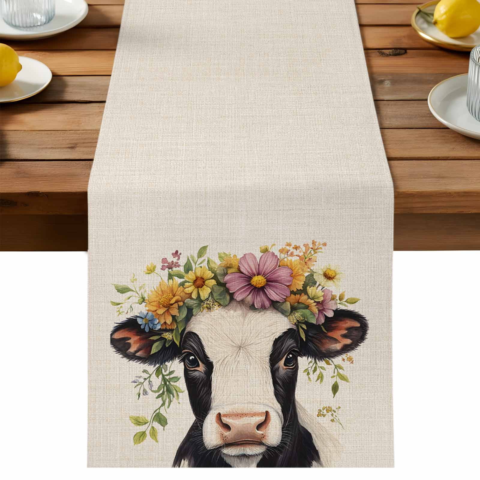 Farmhouse Cow Colorful Garland Table Runner 90 Inches Long, Retro Linen Texture Table Runners Tabletop Scarf Kitchen Dining Tables Decoration for Home Party Indoor Outdoor