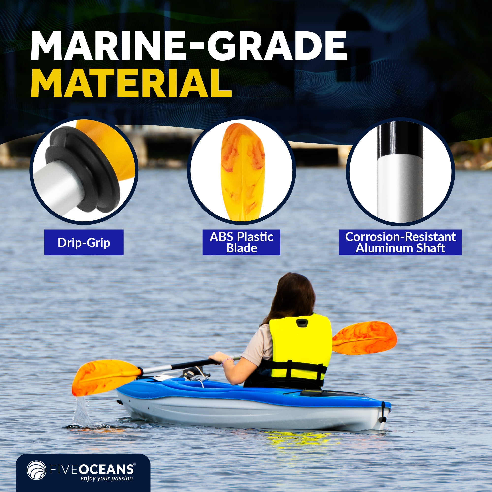 Five Oceans Kayak Paddles 2 Pack, 84" - 7ft Kayak Fishing Paddle, Detachable Heavy-Duty Aluminum Shaft, Reinforced Fiberglass Blades, 2-Piece Snap-Button, Lightweight Paddle for all Kayaks - FO2880-M2
