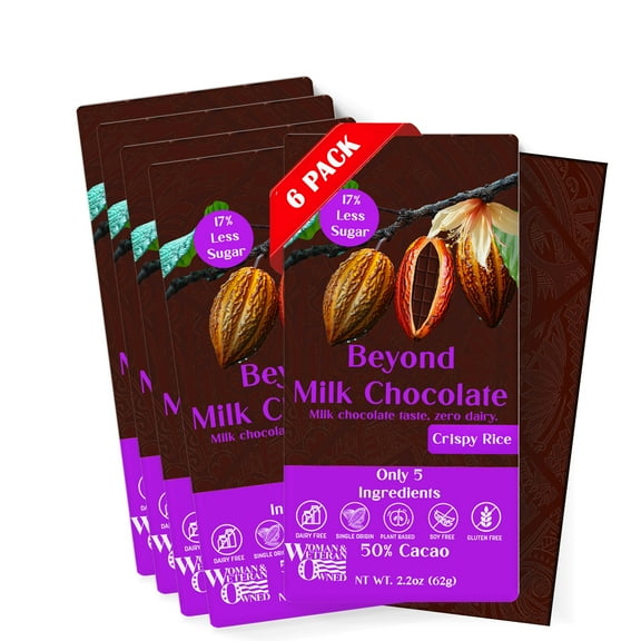 Beyond Milk Chocolate w/ Crispy Rice Bar - Dairy-free | 2.2 Ounce (Pack of 6) | Organic, Low Sugar, 50% Cacao, Plant Based, Dairy Free, Gluten-Free | Single Origin