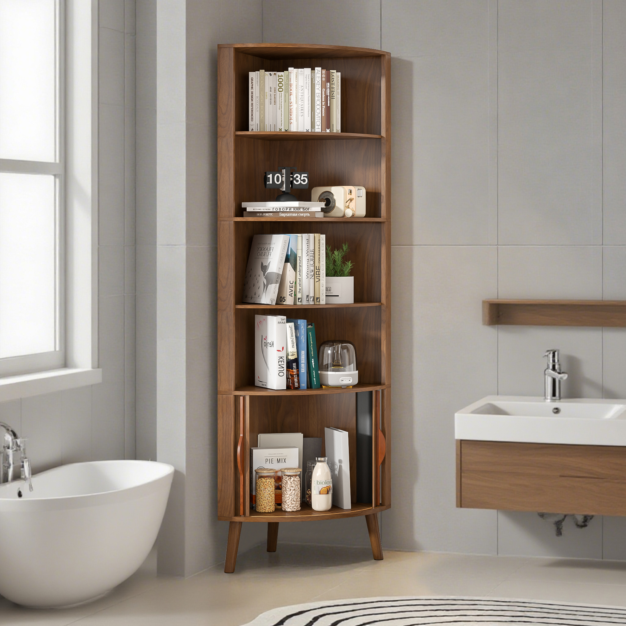 Bathroom Tall Corner Cabinet with Doors, Freestanding Corner Storage Cabinet for Kitchen, Living Room, Walnut