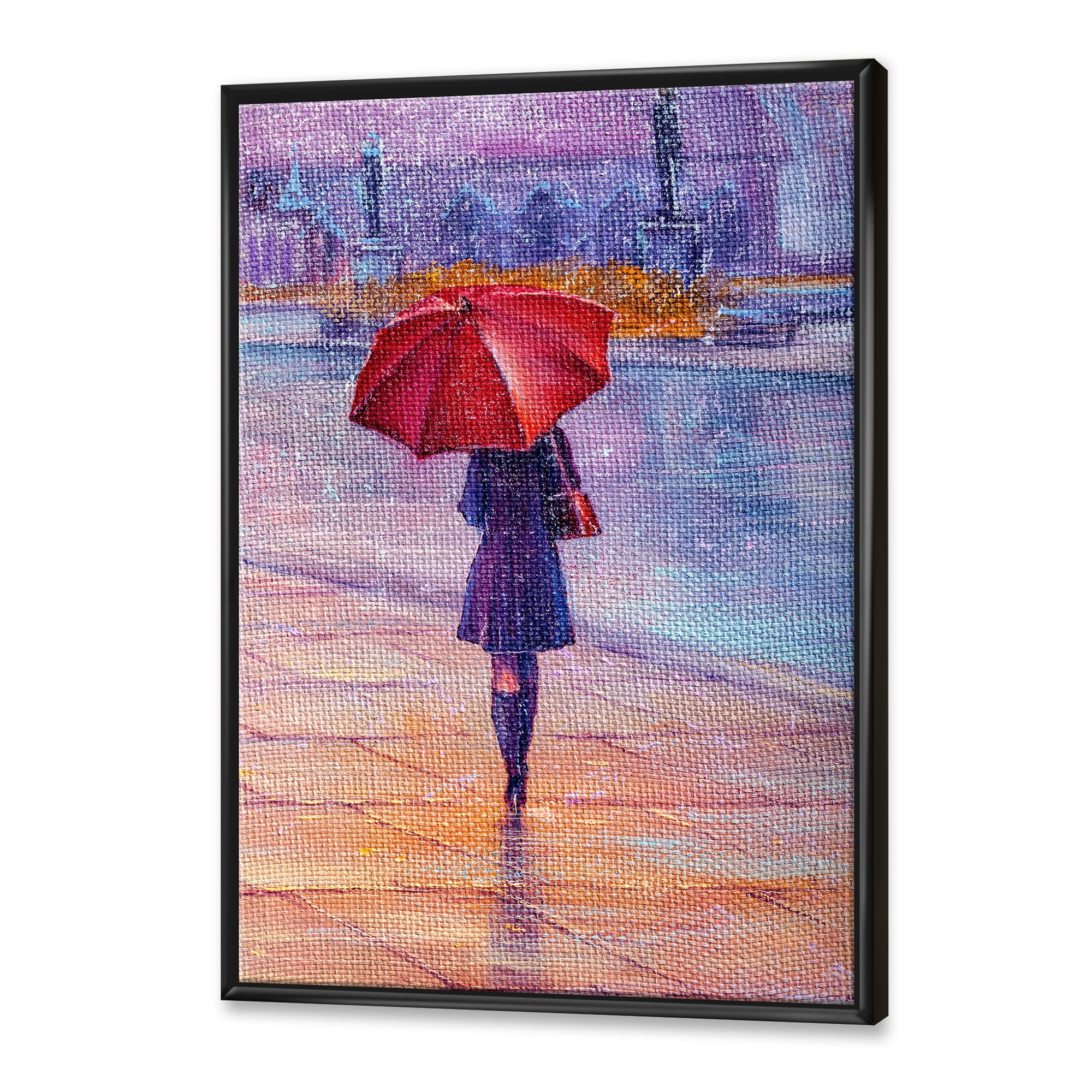 Designart 'Girl Walking With Red Umbrella Under The Rain' French Country Framed Canvas Wall Art Print