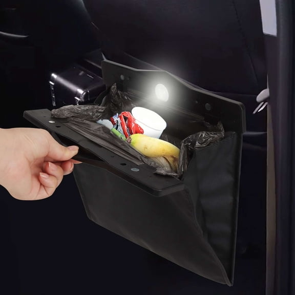Deago Smart LED Car Trash Can Waterproof Garbage Bag Magnet Closure Leather Storage Pocket Leak Proof Reusable Traveling Portable Offices Toilet Garbage Cans Back Seat Hanging