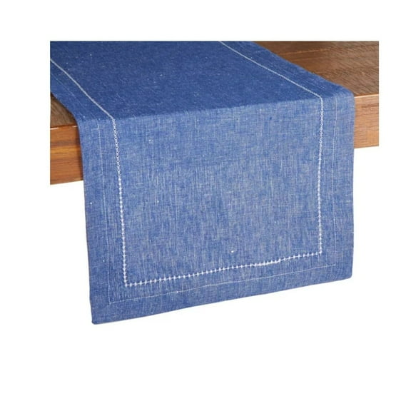 Our Table Coastal Sodalite Blue Hemstitch Linen Cotton Blend Table Runner - 14x90