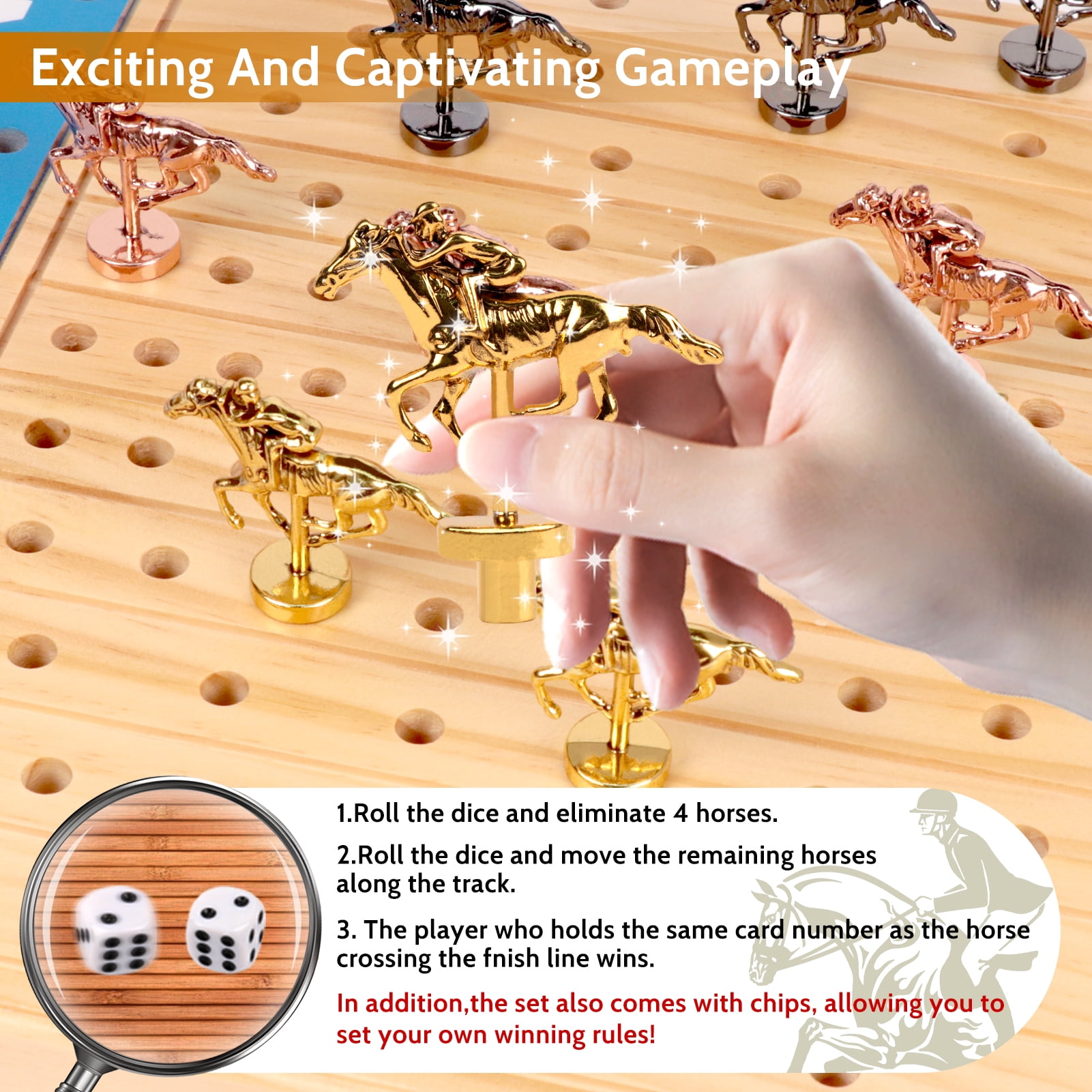 KiddiTouch 21 Inch Horse Race Board Game with 11 Metal Horses, 2 Dices, 2 Boxes of Cards and 5 Sets of Gaming Chips Gifts for Adult, Families and Parties