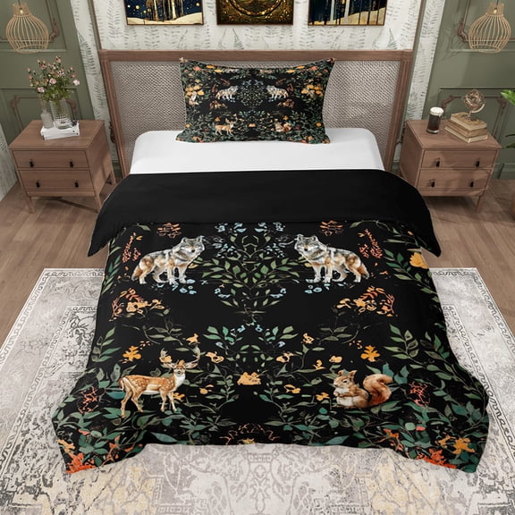 Erosebridal Tropical Flower Twin Bedding, Woodland Animal Deer Wolf Duvet Cover Set, Black Reversible, 2pcs 1 Duvet Cover and 1 Pillowcase, No Comforter