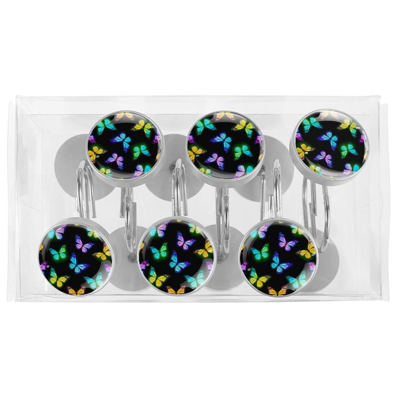 12pcs Decorative Shower Curtain Hooks, Rust Resistant Shower Rings for Bathroom Living Room,Rustproof Stainless Steel Rings for Shower Curtain and Liner Rods,Neon Colorful Butterflies