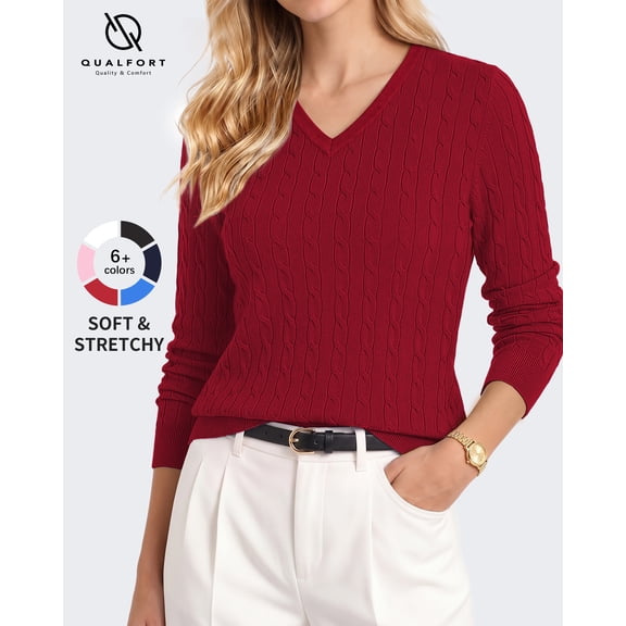 QUALFORT Women’s V-Neck Cable Knit Sweater, Lightweight Long Sleeve Pullover, Red, Size M
