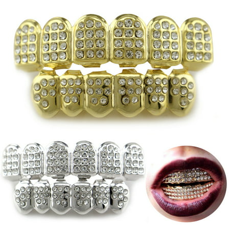 14K Gold/Silver Teeth Grillz Top Bottom Iced Out CZ Hip Hop Tooth Cap Grill Set Jewelry