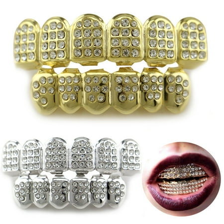 14K Gold/Silver Teeth Top Bottom CZ Hip Hop Tooth Cap Grill Set