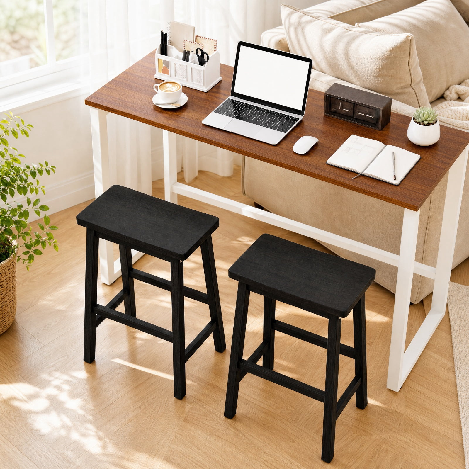 Furnibear Set of 2 Saddle-Seat Counter Height Stools with Curved Seat and Footrests for Kitchen Island Counter Bar Pub Dining Home, Black