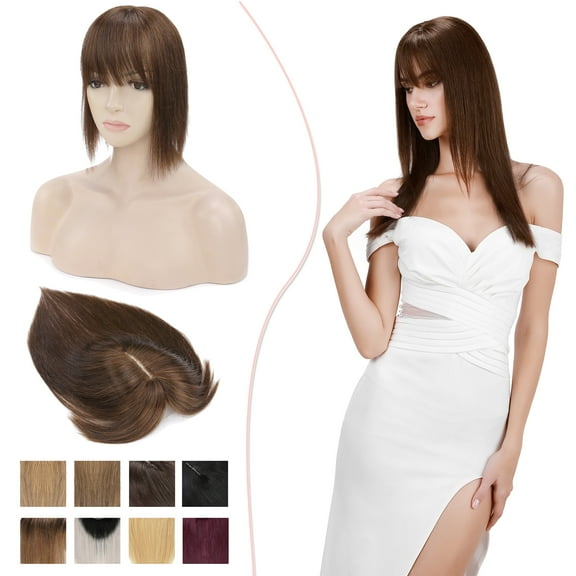 MY-LADY 100% Remy Human Hair Women Topper Hair Toppers Silk Base Hair Pieces Clip In Hair Topper with 3D Air Bangs 17 Colors 6inch #04 Medium Brown