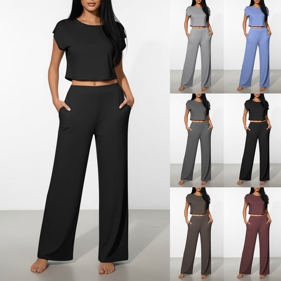 Fengqque 2 Piece Outfits for Women Tracksuit Short Sleeve Tops and Wide Leg Long Pants Matching Lounge Sets Wine XS(XS)