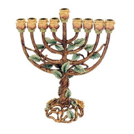 Judaica Kingdom KIJ-MEN-6095 Menorah Chanukkia Brown with Emerald Stones Green Leafs