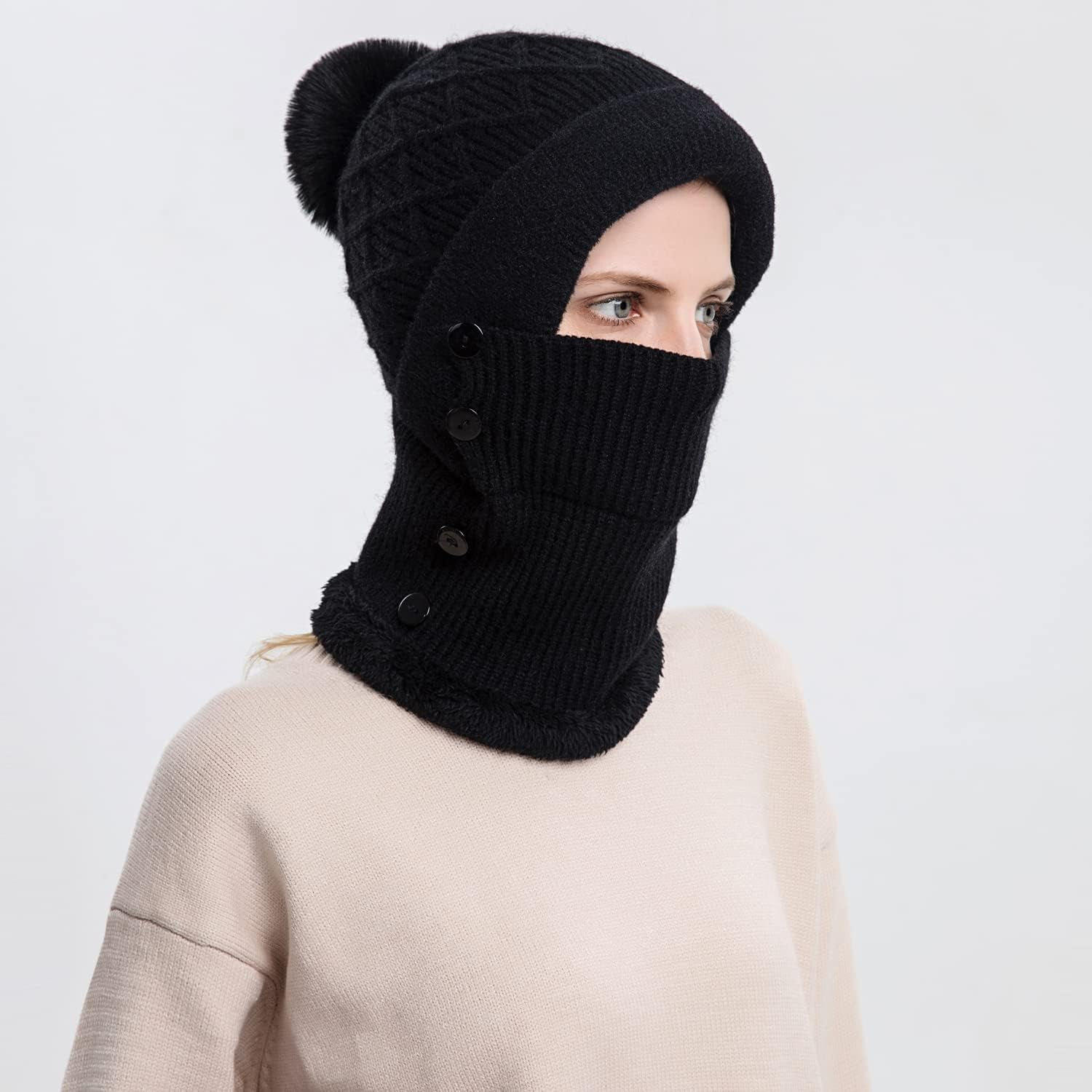 Zhengup Women Winter Beanie Hats One Piece Fleece Lined Knit Balaclavas Mask Set Skull Neck Circle Scarf Ski Snow Hat Pompom