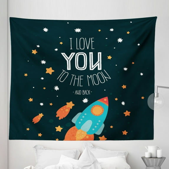 I Love You Tapestry, Rocket on the Road of Space Adventurist Cosmic Couples Happy Birthday Theme, Fabric Wall Hanging Decor for Bedroom Living Room Dorm, 5 Sizes, Multicolor, by Ambesonne