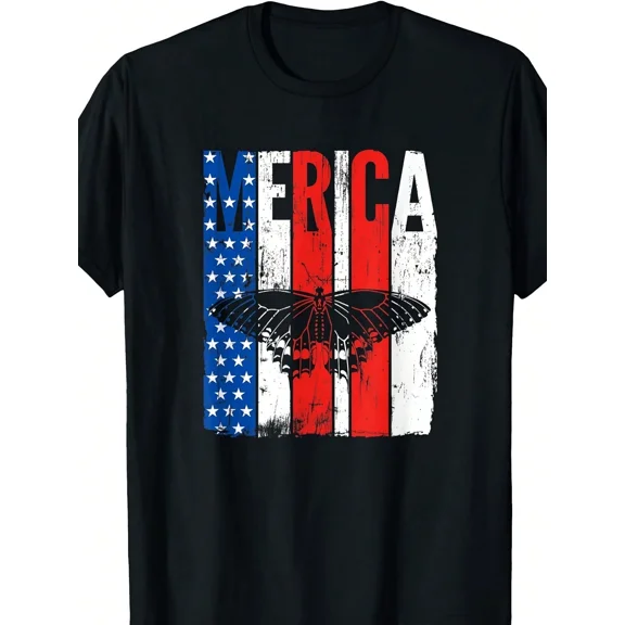 Patriotic Merica Butterfly USA Flag Graphic T-Shirt Retro American Pride Tee for Men and Women