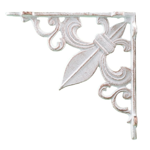 Wall Shelf Bracket Cast Iron Brace - Fleur De Lis - Distressed White - 7.38"