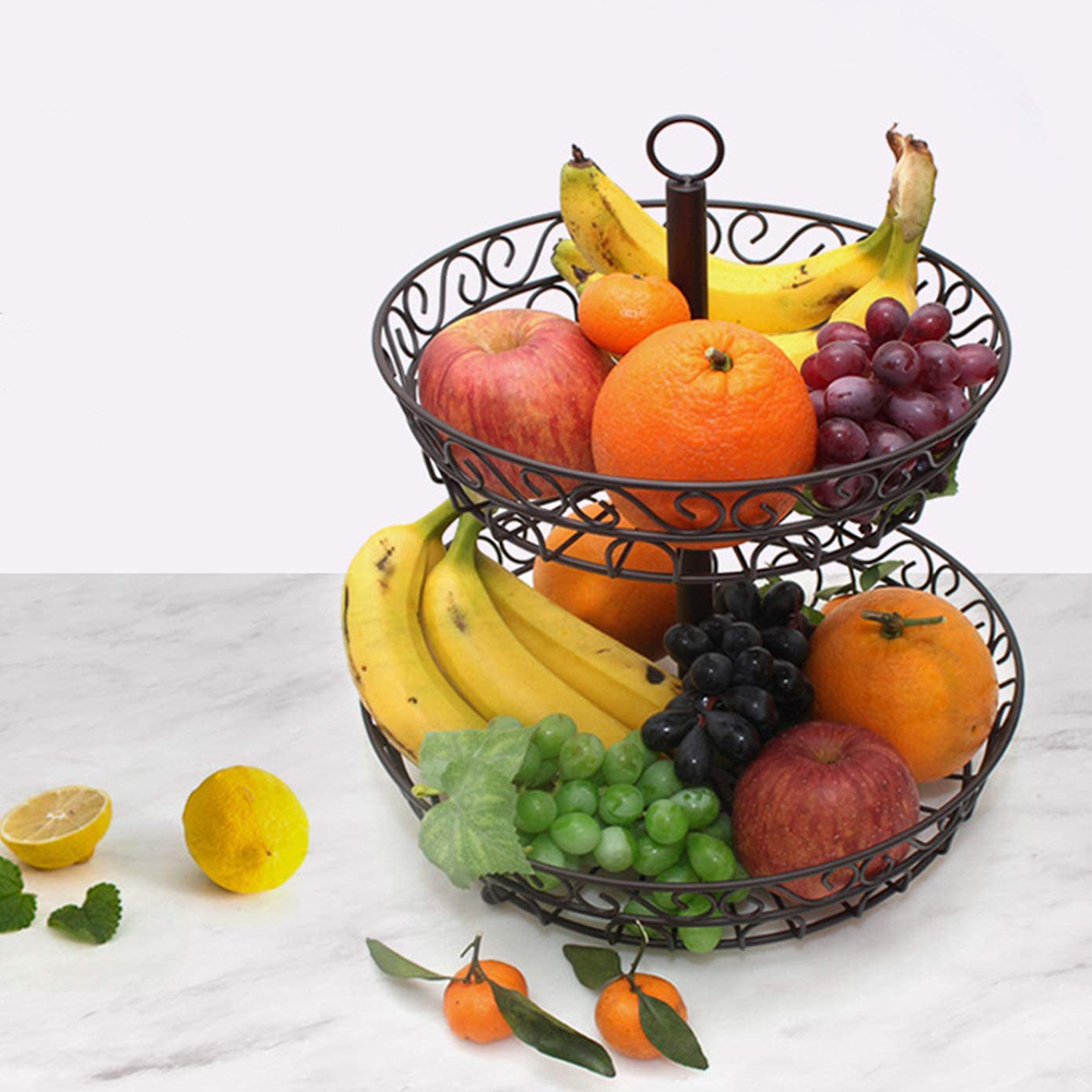 2Tier Fruit Bowl Basket, Black Modern Design Fruits Vegetables Basket