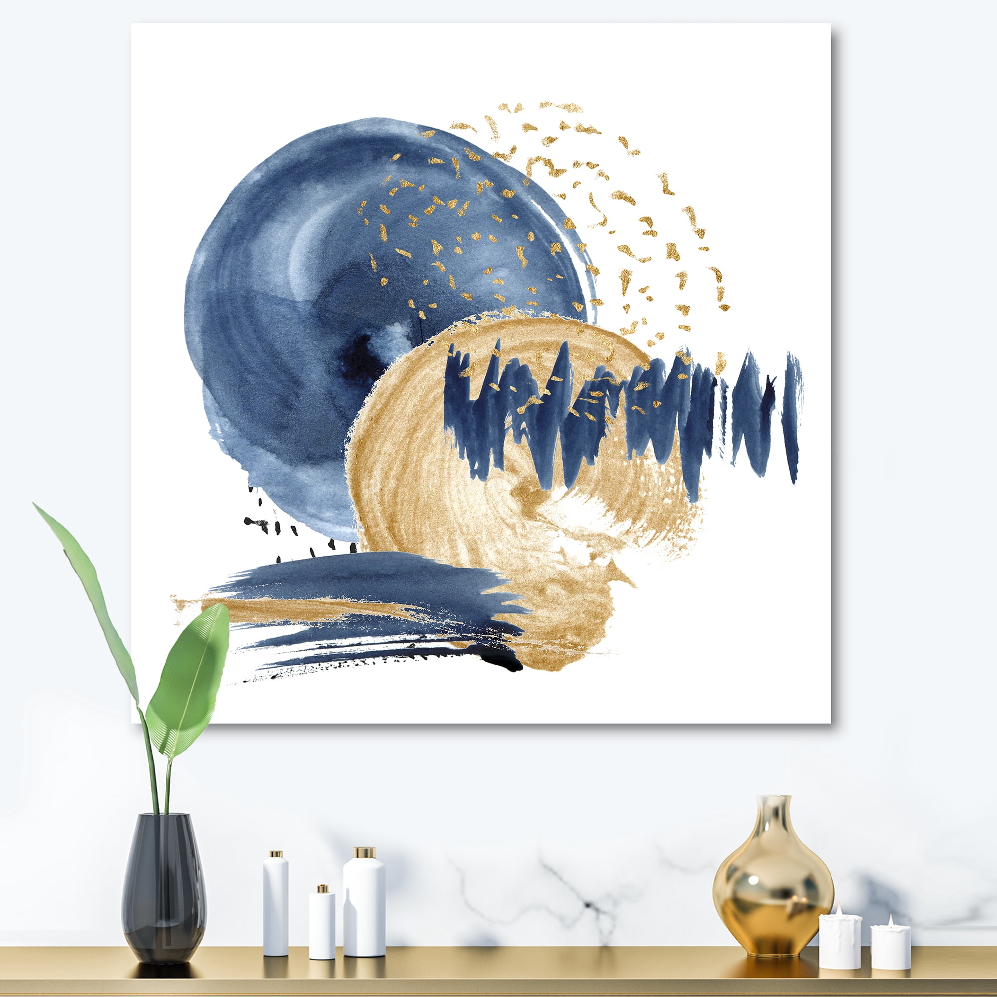 Designart ' Gold and Dark Blue Abstract Circle Ocean Texture ' Modern Canvas Wall Art Print