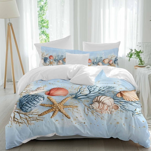 3 Piece Blue Coastal Duvet Cover Set Twin Size,Microfiber Comforter/Quilt Cover with Corner Ties and 2 Pillowcases,Summer Nautical Beach Conch Starfish Coral All Season Bedding with Zipper Closure