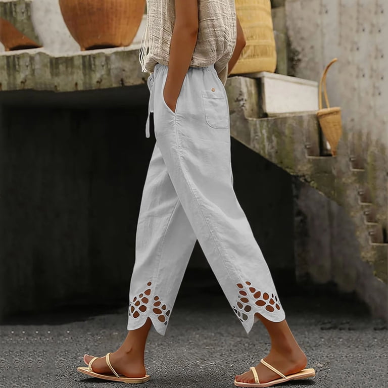 JSheng Women's Capri Straight Leg Pants Drawstring Elastic Waist