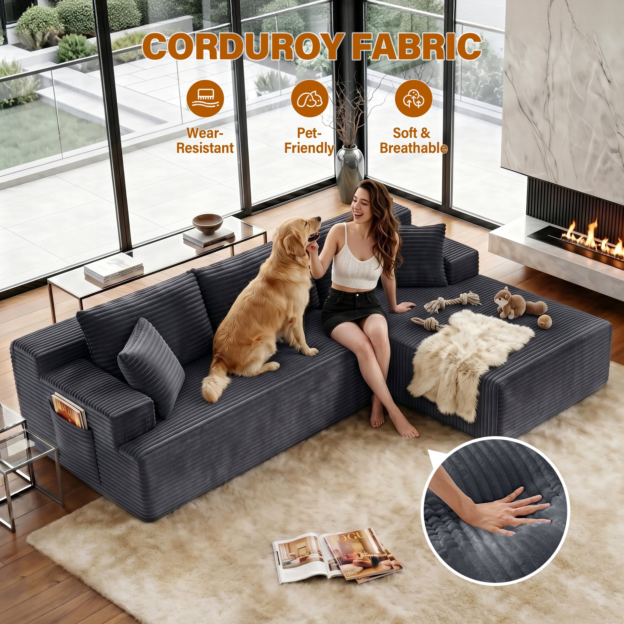 Aukfa 95" Modular Cloud Sectional Sofa, L-Shaped Couch with Right Facing Chaise, No Assembly Required Corduroy Deep Seat Sleeper Sofa for Living Room, Apartment, Gray