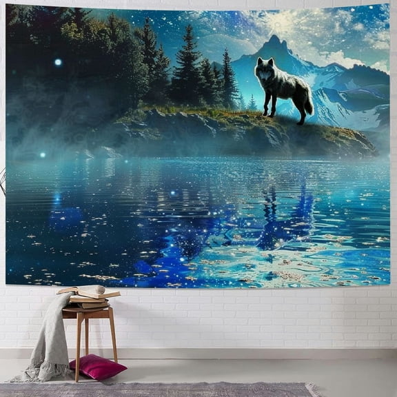 PRATYUS  Moon Over Ocean Tapestry Wall Hanging, Galaxy Wolf on Mountain Wall Tapestry, 3D Fantasy Watercolor Starry Night Sky Forest Tapestry  for Bedroom Living Room Dorm Home Decor Painting