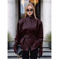 thumbnail image 4 of Women'S Faux Leather Jacket with Stand-Up Collar and Belted Waist Wine Red S, 4 of 10