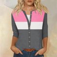 thumbnail image 2 of Jinhomg 3/4 Sleeve Button Down Tees for Women Trendy Color Block T-Shirts Fall Lightweight Comfort Going Out Wear Pink XL, 2 of 6
