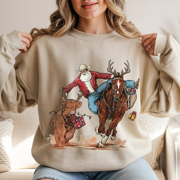 Western Cowboy Santa Christmas Sweatshirt, Rodeo Sweatshirt, Horse & Reindeer Sweatshirt, Rustic Xmas Sweatshirt