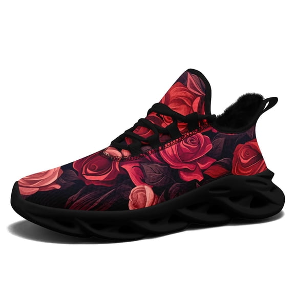 Coolcustomize Fashion Forward Red Rose Pattern Sneakers for Women, Lightweight Jogging Shoes, Warm Fleece - Lined Comfortable Tennis Shoes, Breathable Low-top Running Shoes for Gym/Outdoor Sports