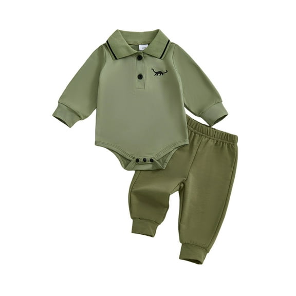 Miaouyo Infant Baby Boy Fall Clothes Set 0 3 6 9 12 18 24 Months Dinosaur Pattern Long Sleeve Romper with Solid Color Pants 2Pcs Outfits